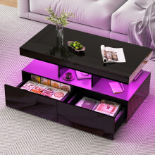 (Black) Coffee Table with LED and 2 Drawers