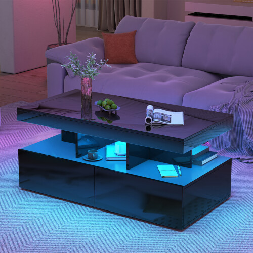 (Black) Coffee Table with LED and 2 Drawers 2