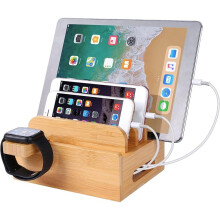 Bamboo Wood Charging Station Phone Earbuds Stand, Desk Docking Stations Electronic Organizer for Cell Phone, Tablet