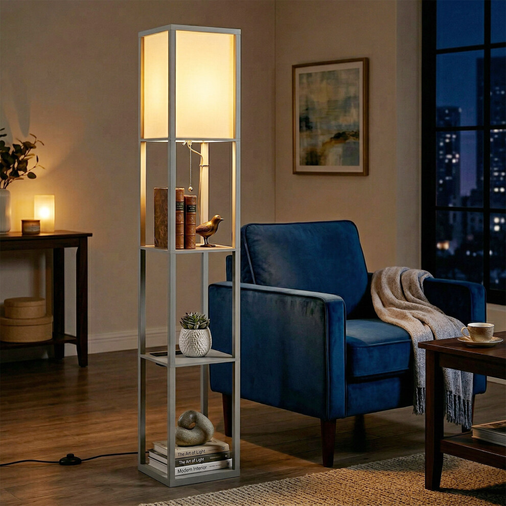 Homcom (Grey) Floor Lamp With 3-Tier Storage Shelf For Home Office