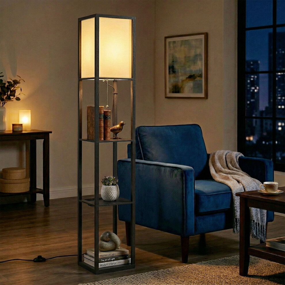 Homcom (Black) Floor Lamp With 3-Tier Storage Shelf For Home Office