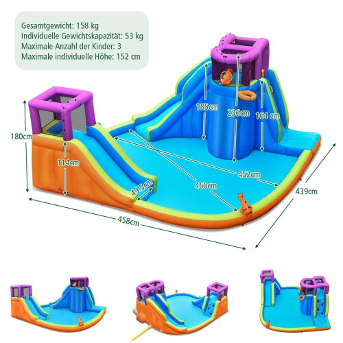 Parque aquático inflável com escorregador, parede de escalada e sprinklers 1