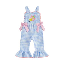 (4-5 Years, Blue) Little Girls Back to School Outfit Adorable Apple Embroidery Sleeveless Square Neck Plaid Bell Bottoms Jumpsuit