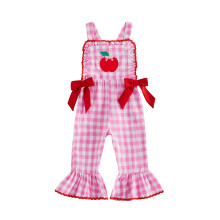 (18-24 Months, Pink) Little Girls Back to School Outfit Adorable Apple Embroidery Sleeveless Square Neck Plaid Bell Bottoms Jumpsuit