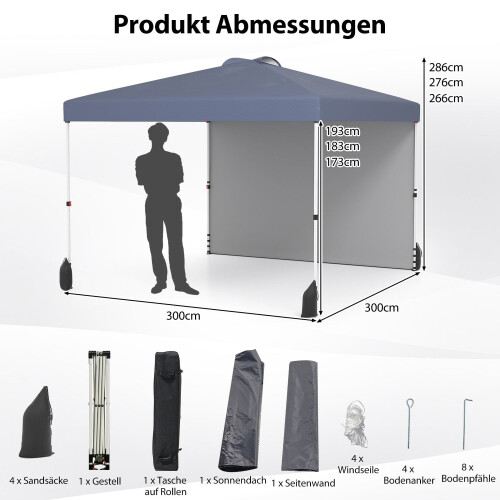 3 x 3 m Pop-Up Pavilion with Sidewall, Portable, Grey 1