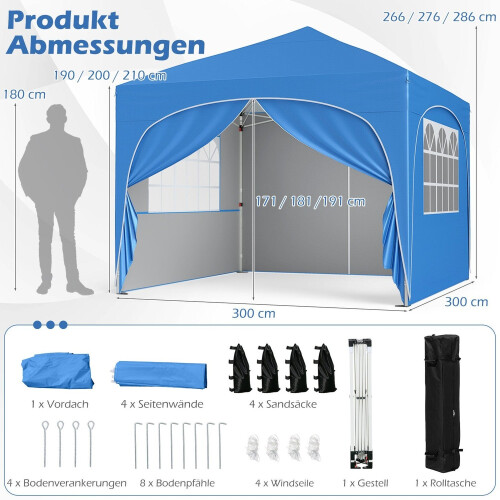 3x3 m pop-up baldakin telt, 4 avtakbare vegger, blå 1