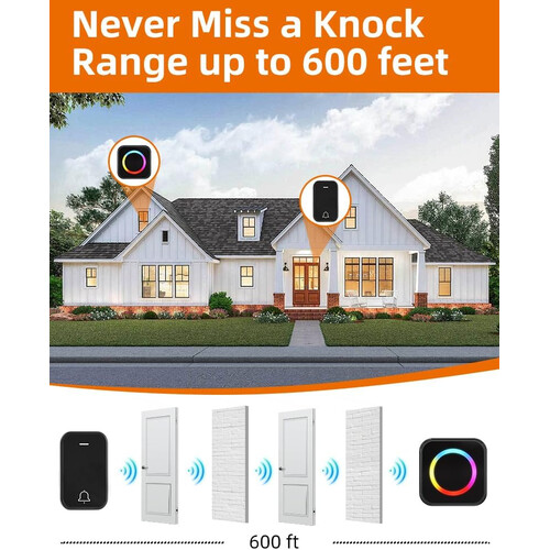 Wireless Doorbell,Adjustable Volume,Waterproof for Classroom,Home,Office,Villa (Black) 1