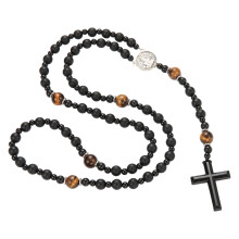 Fashionable Crucifix Pendant Necklace Beaded Sweater Chain-E.