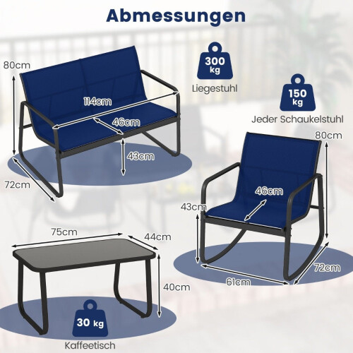 Conjunto de móveis de jardim de 4 peças com cadeiras de balanço, azul 1