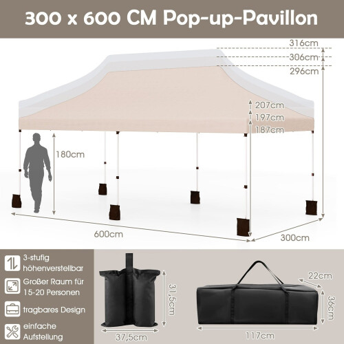 Pavilion Pop-Up 3x6m, înălțime reglabilă, bej, protecție UV 1