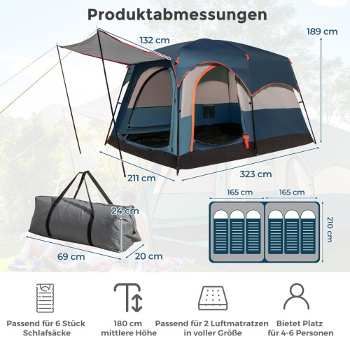 Kempovací stan pro 6 osob s přepážkou a Rainfly, modrý 1