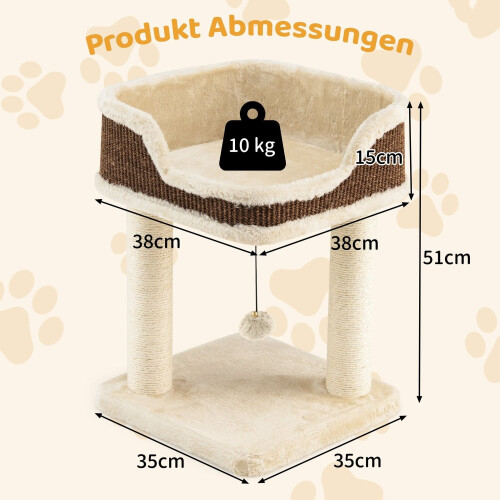Árvore para gatos com assento de pelúcia, postes de sisal e bola, bege 1