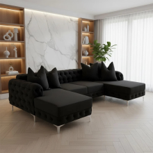 (Black Velvet, U-Shape Corner) Luxury U-Shaped Corner Sofa Set Chesterfield Plush Velvet Couch Longue Settee 5 to 6 Seater UK