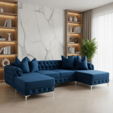 (Blue Velvet, U-Shape Corner) Luxury U-Shaped Corner Sofa Set Chesterfield Plush Velvet Couch Longue Settee 5 to 6 Seater UK