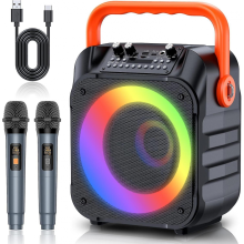Karaokemachine met twee draadloze microfoons, draagbare karaokemachine voor volwassenen en kinderen, karaokemicrofoon met PA-systeem, ledverlichting,
