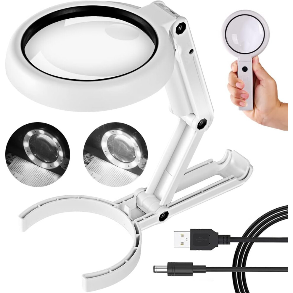 30X 10X Magnifying Glass with Light and Stand, Foldable Handheld Magnifying Glass & 2 Level Dimmable for Close Work, Macular Degeneration, Seniors Re