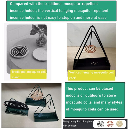 2 Pack Coil Insense Burner Mosquito Coils Holder Full Metal Triangular Hanging Coil Tray Ash Catcher Storage Bracket Coil Vertical Stand Support Base 2