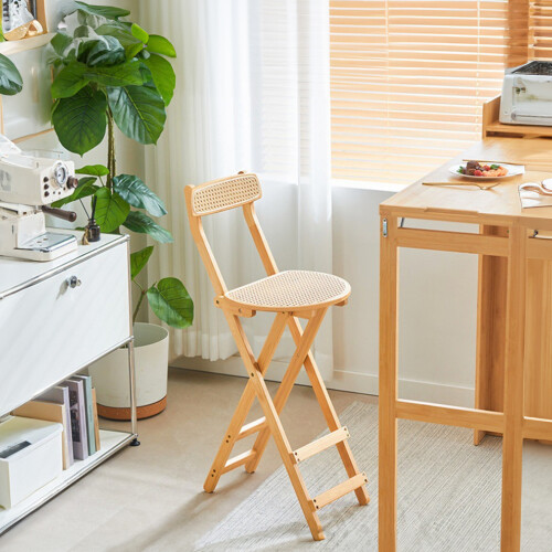 Living And Home Bamboo Folding Bar Stool Counter Height Dining Chair with Backrest and Footrest 1