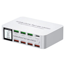 100-W-USB-Ladestation mit 3 QC3.0-Schnellladeanschlüssen, 20-W-PD-USB-Typ-C-Anschluss, LCD-Display, Schnellladegerät und EU-Stecker
