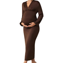 Pleated Design Maternity Dress V Neck Long Sleeve-brown XL