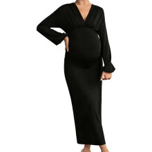Commute Friendly Pregnancy Dress V Neck Long Sleeve-Black XL