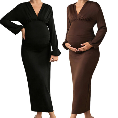 Office Professional Maternity V Neck Long Sleeve-brown M 2