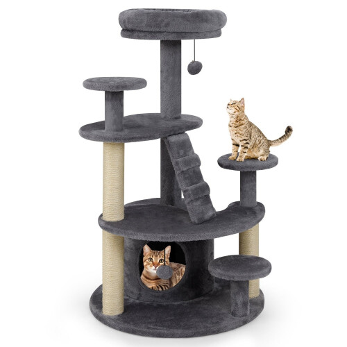 Cat Tree with Cave, Ladder & Toys - Grey, Multi-Level
