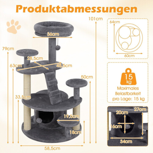 Cat Tree with Cave, Ladder & Toys - Grey, Multi-Level 1