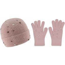 (Pink) Boardmans Ladies Ruby Bejewelled Beanie with Matching Gloves