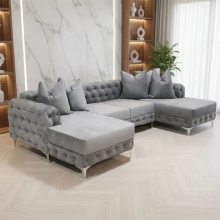 (Grey Velvet, U-Shape Corner) Luxury U-Shaped Corner Sofa Set Chesterfield Plush Velvet Couch Longue Settee 5 to 6 Seater UK