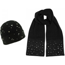 (Black) Boardmans Ladies Ruby Bejewelled Beanie with Matching Scarf