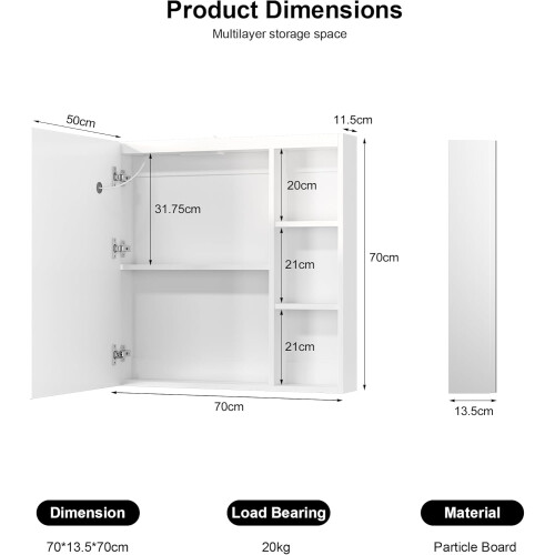 70x70 Bathroom Mirror Cabinet,Shaver Socket 1