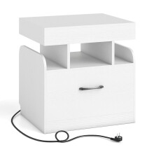 Nightstand with Charging Station, Drawer & Open Shelves, White