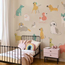 (Large (3.5m X 2.8m)) Happy Dogs Wall Mural - Gold