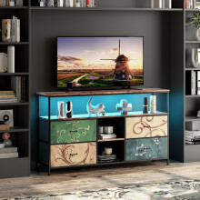Meuble TV - 137cm - 4 Tiroirs en tissu & 2 Compartiments ouverts - Éclairage LED - Multicolore
