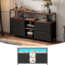 Meuble TV LED, meuble TV avec 4 tiroirs en tissu, meuble TV avec 2 compartiments ouverts, plaque couleur peau de tigre, noir, 108cm