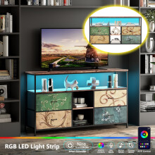 Meuble TV - 108cm - 4 Tiroirs en Tissu & 2 Compartiments Ouverts - Éclairage LED - Rangement Salon - Multicolore