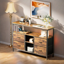 Meuble TV - 108cm - 4 Tiroirs en Tissu & 2 Compartiments Ouverts - Éclairage LED - Rangement Salon - Marron