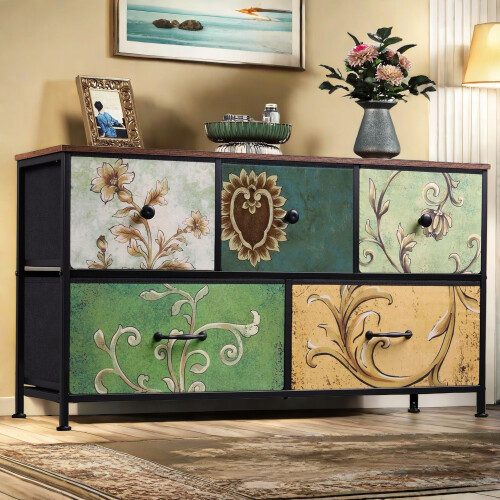 Commode 5 Tiroirs - Commode Chambre - Bohème Meuble à Tiroirs - Multicolore