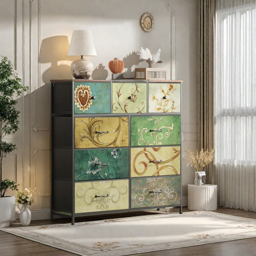 Commode 9 Tiroirs en Tissu - Commode de Chambre - Style rétro - Structure en Métal