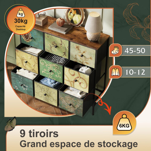 Commode à 9 tiroirs - Meuble de rangement - Style rétro - Structure en Métal 1