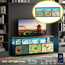 Meuble TV - 137cm - 3 Tiroirs en Tissu & Compartiments Ouverts - Éclairage LED - Rangement Salon - Multicolore