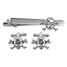 Set di 3 fermacravatte e gemelli a forma di teschio, compatibili con accessori da cravatta da uomo, adatti per occasioni formali e informali.