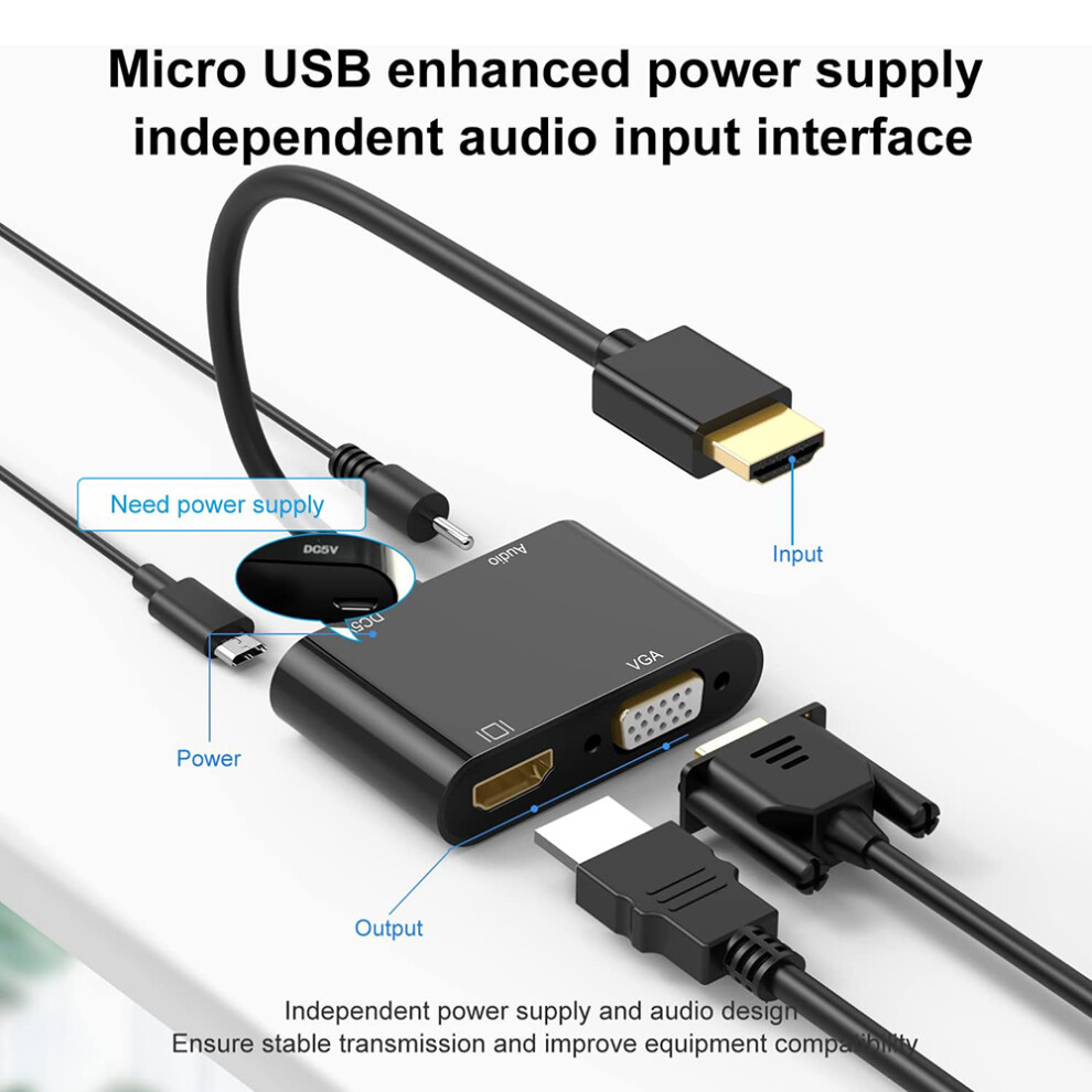 Compatible-Hdmi To Vga+Compatible-Hdmi+3.5Mm Audio 3-In-1 Converter Dual Display 320997567530