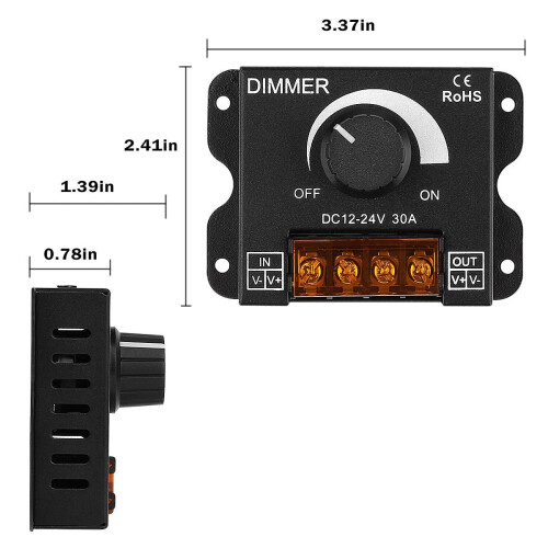LED Light Strip Dimmer PWM Dimming Controller Knob ON/Off Switch DC 12V-24V 30A