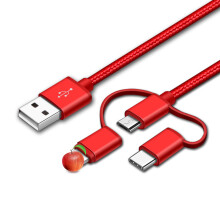 (Red) 3-in-1 Data Cable Phone Fast Charging Triple Nylon Braided Wire Charging Cable