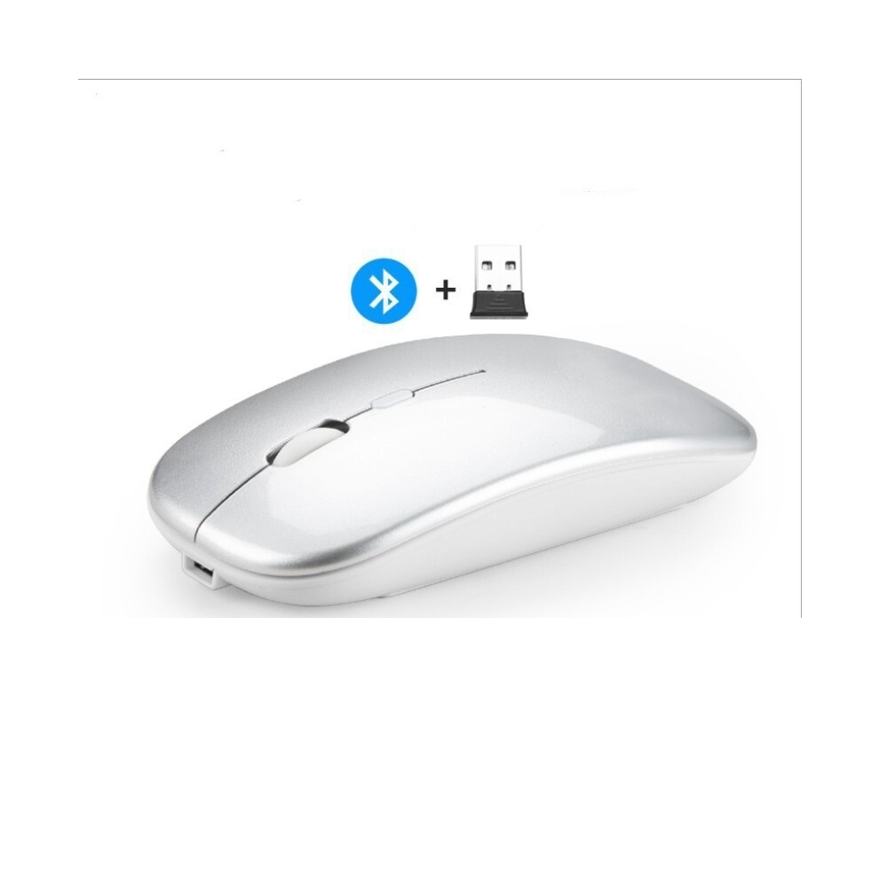 (Silver) Dual Mode Wireless Mouse Rechargeable Silent 2.4Ghz+Bluetooth-Compatible Mouse Silver 320997578086