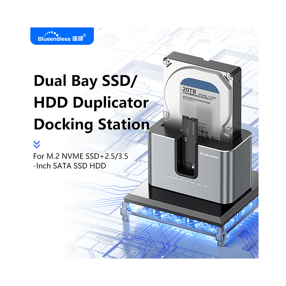 Dual Bay Ssd/Hdd Duplicator Docking Station For M.2 Nvme Ssd Sata Ssd Hdd Blue 320997553847