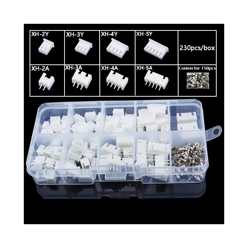 230PCS XH2.54mm Pitch 2P/3P/4P/5P JST Housing Connector Crimp Connector Kit