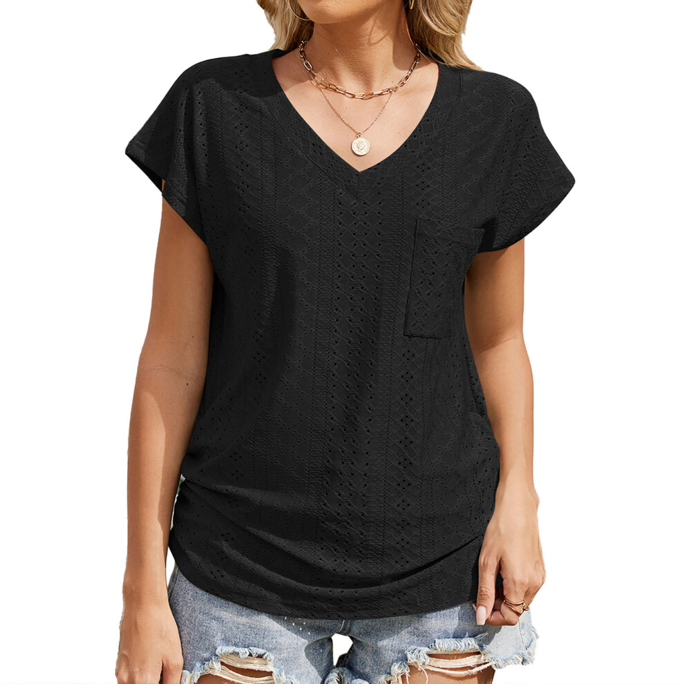 Black Womens Top Spring V Neck Shirts Casual Trendy- Xxl